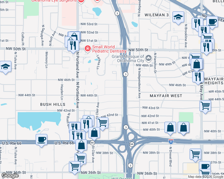 map of restaurants, bars, coffee shops, grocery stores, and more near 3417 Northwest 44th Street in Oklahoma City