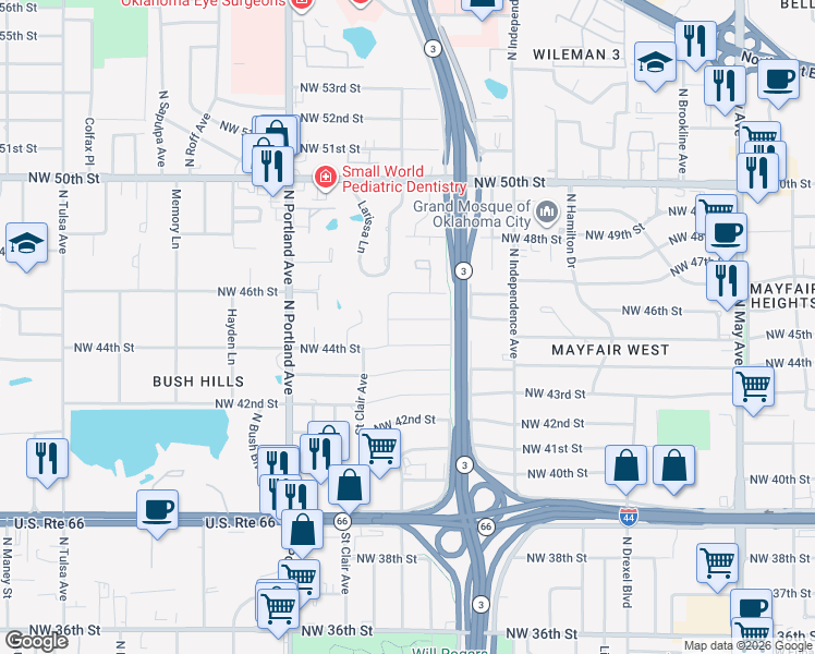 map of restaurants, bars, coffee shops, grocery stores, and more near 3513 Northwest 44th Street in Oklahoma City
