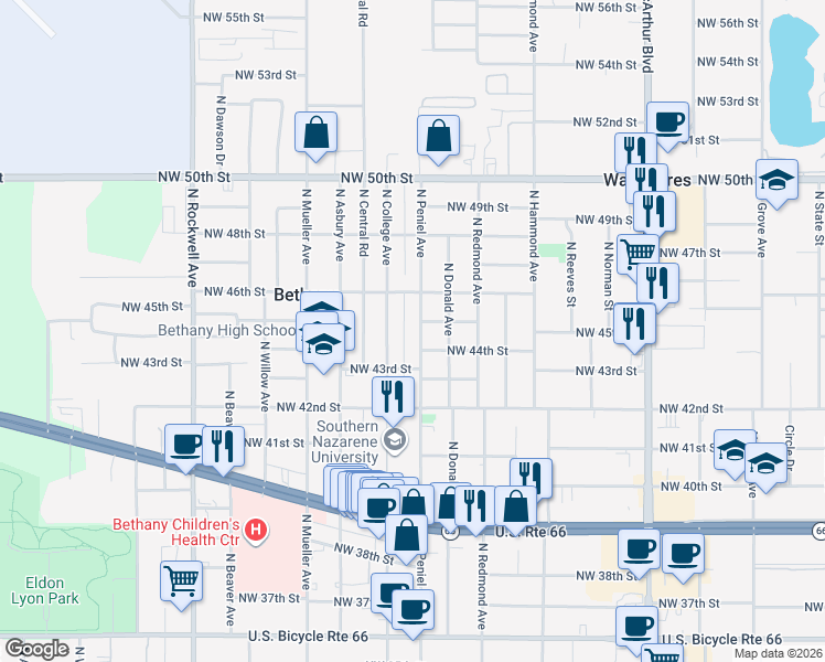 map of restaurants, bars, coffee shops, grocery stores, and more near 4500 North Peniel Avenue in Bethany