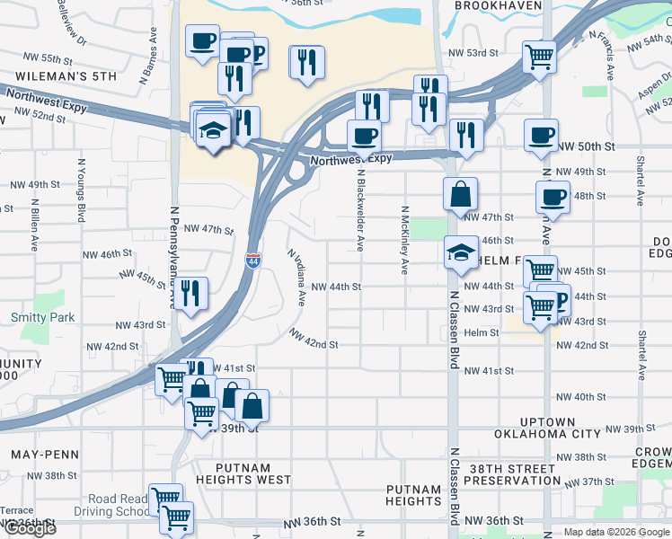 map of restaurants, bars, coffee shops, grocery stores, and more near 4501 North Georgia Avenue in Oklahoma City