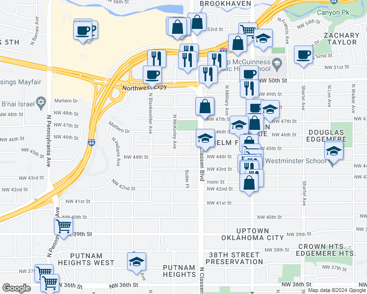 map of restaurants, bars, coffee shops, grocery stores, and more near 1428 Northwest 45th Street in Oklahoma City