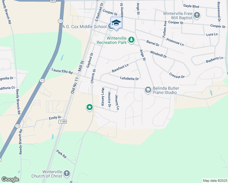 map of restaurants, bars, coffee shops, grocery stores, and more near 2909 Kinsey Loop in Winterville