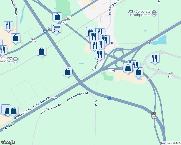 map of restaurants, bars, coffee shops, grocery stores, and more near Outlet Center Drive in Selma