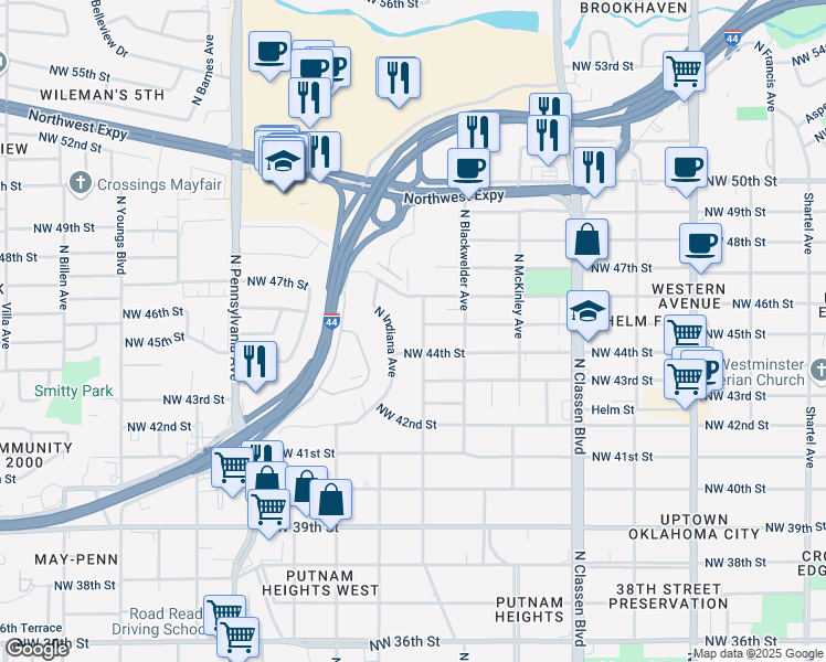 map of restaurants, bars, coffee shops, grocery stores, and more near 4501 North Georgia Avenue in Oklahoma City