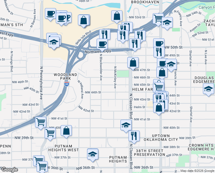 map of restaurants, bars, coffee shops, grocery stores, and more near 1517 Northwest 44th Street in Oklahoma City