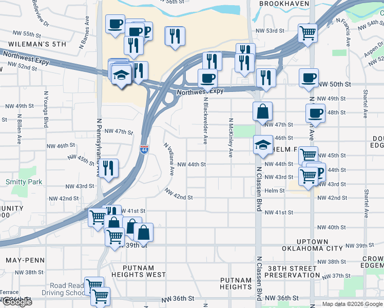 map of restaurants, bars, coffee shops, grocery stores, and more near 4501 North Georgia Avenue in Oklahoma City