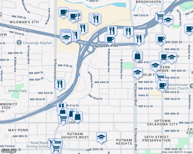 map of restaurants, bars, coffee shops, grocery stores, and more near 4501 North Georgia Avenue in Oklahoma City