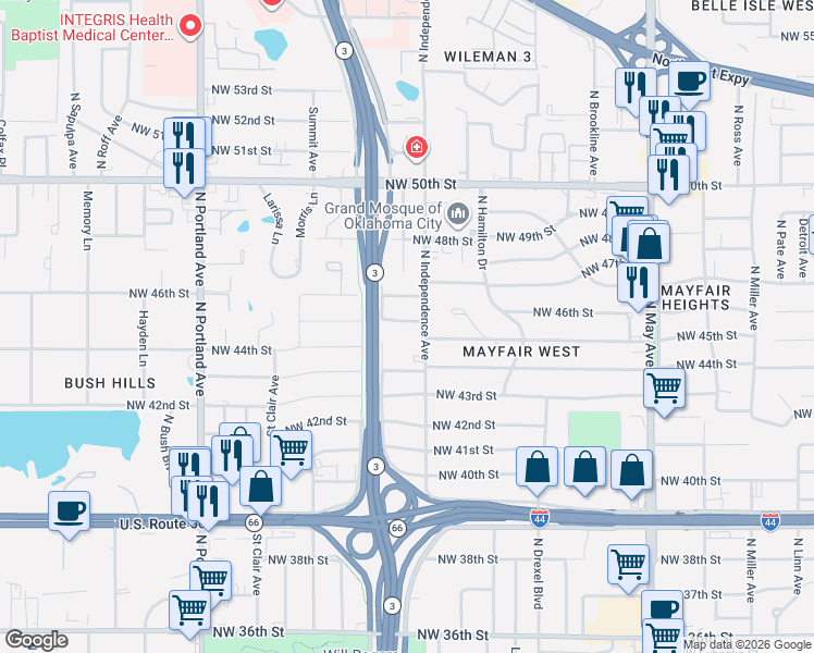 map of restaurants, bars, coffee shops, grocery stores, and more near 4517 North Independence Avenue in Oklahoma City