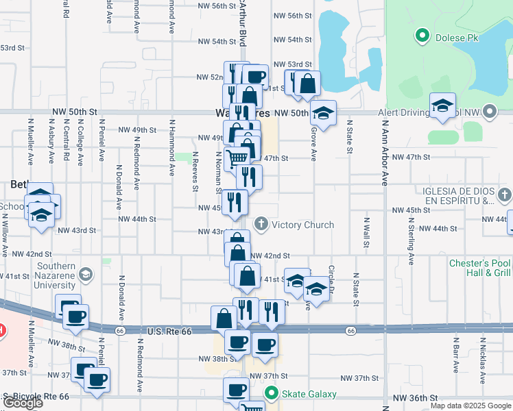 map of restaurants, bars, coffee shops, grocery stores, and more near 4500 North Macarthur Boulevard in Warr Acres
