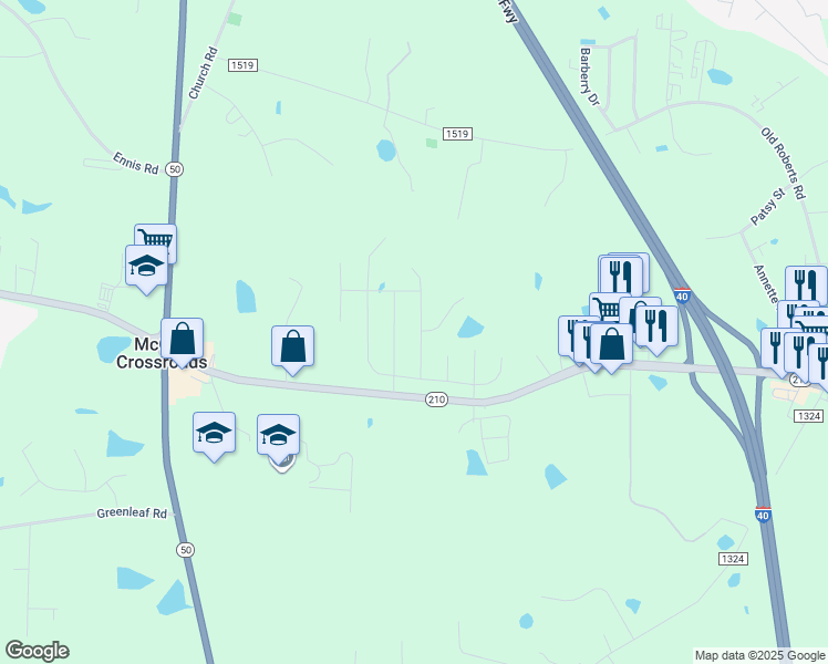 map of restaurants, bars, coffee shops, grocery stores, and more near 12741 North Carolina 210 in Benson