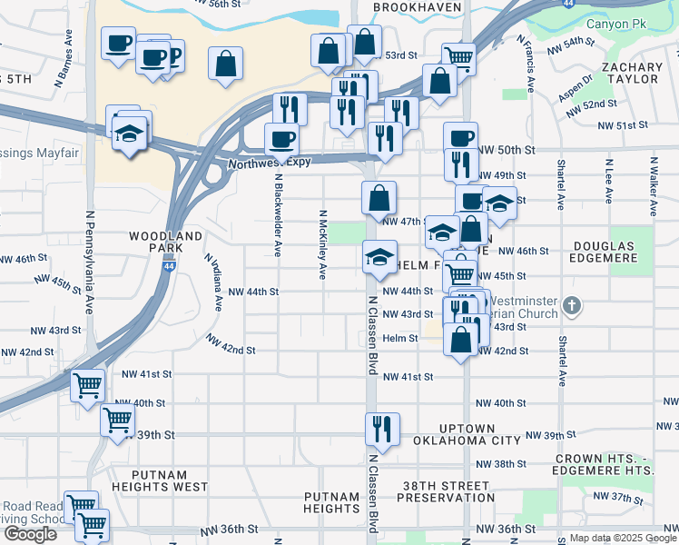 map of restaurants, bars, coffee shops, grocery stores, and more near 1435 Northwest 44th Street in Oklahoma City