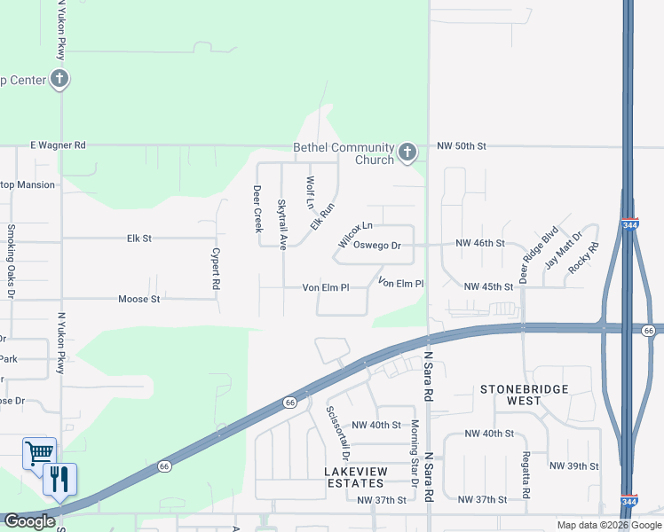 map of restaurants, bars, coffee shops, grocery stores, and more near 1309 Von Elm Place in Yukon