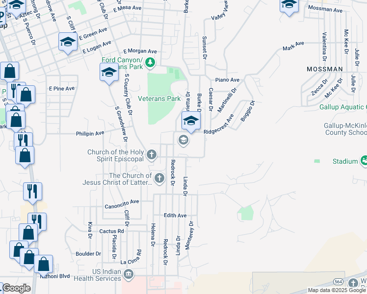 map of restaurants, bars, coffee shops, grocery stores, and more near 1305 Redrock Drive in Gallup