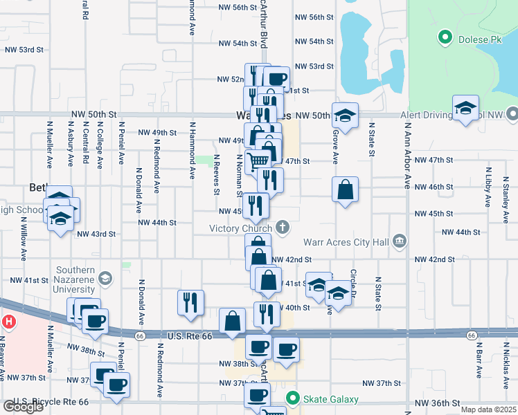 map of restaurants, bars, coffee shops, grocery stores, and more near 5910 Northwest 45th Street in Warr Acres