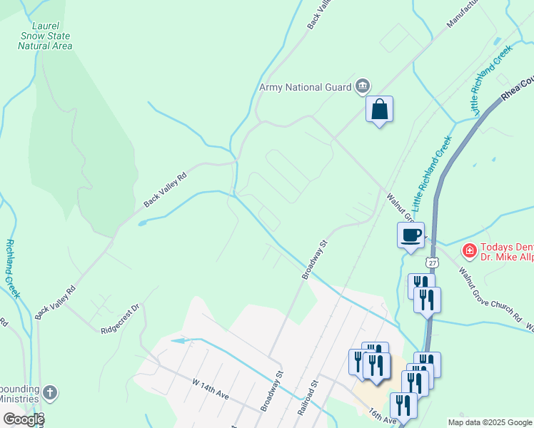 map of restaurants, bars, coffee shops, grocery stores, and more near 501 Hidden Valley Road in Dayton