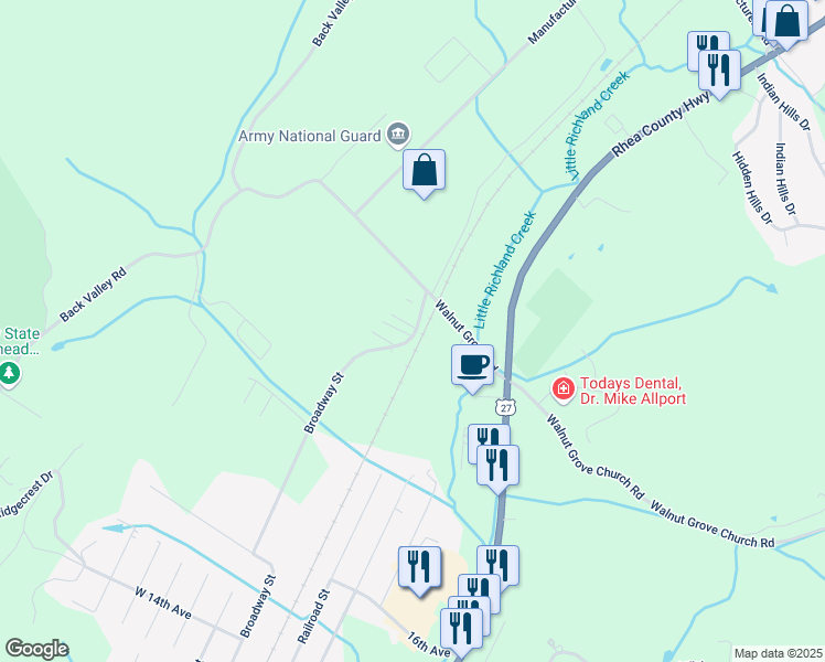 map of restaurants, bars, coffee shops, grocery stores, and more near 1610 Broadway Street in Dayton