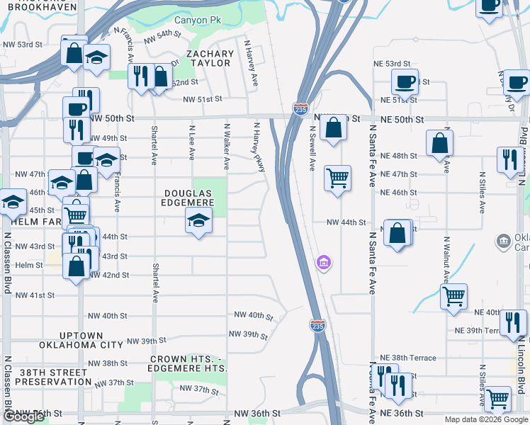 map of restaurants, bars, coffee shops, grocery stores, and more near 4520 North Harvey Parkway in Oklahoma City