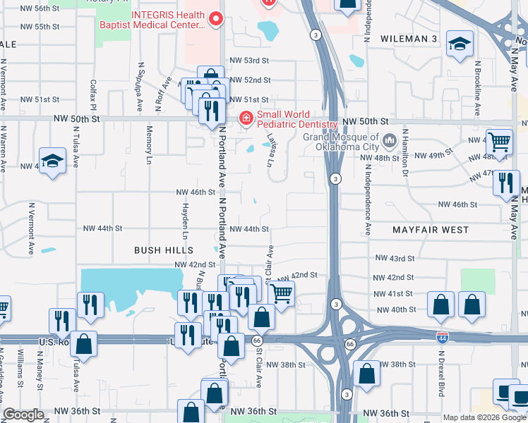 map of restaurants, bars, coffee shops, grocery stores, and more near 3613 Northwest 44th Street in Oklahoma City