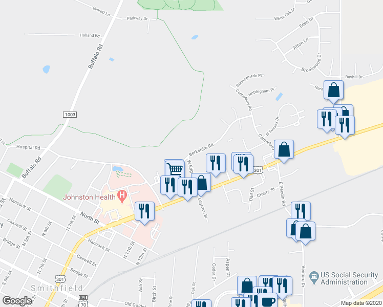 map of restaurants, bars, coffee shops, grocery stores, and more near 2 Berkshire Road in Smithfield