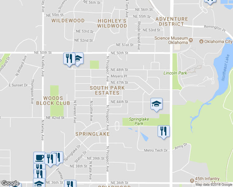 map of restaurants, bars, coffee shops, grocery stores, and more near 1521 Northeast 45th Street in Oklahoma City