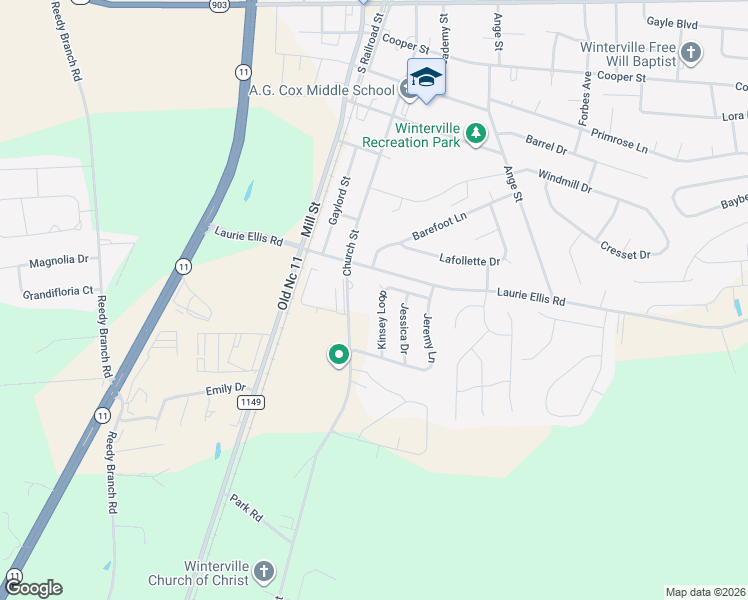 map of restaurants, bars, coffee shops, grocery stores, and more near 2982 Kinsey Loop in Winterville