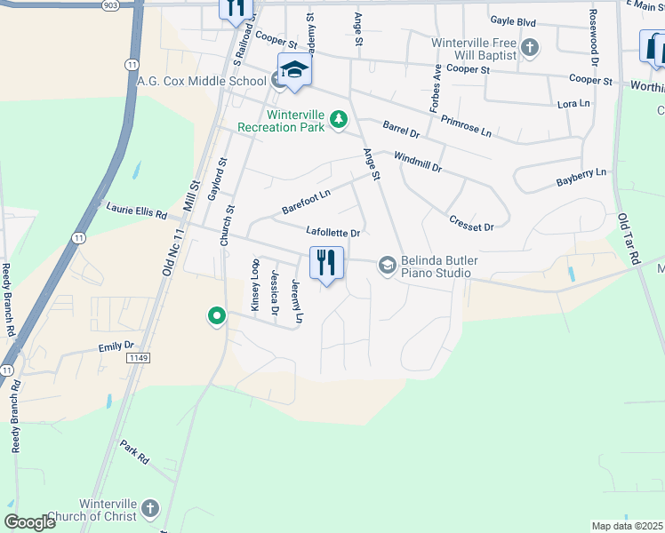 map of restaurants, bars, coffee shops, grocery stores, and more near 339 Alyssum Place in Winterville