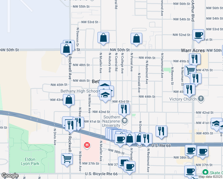 map of restaurants, bars, coffee shops, grocery stores, and more near 4508 North Asbury Avenue in Bethany