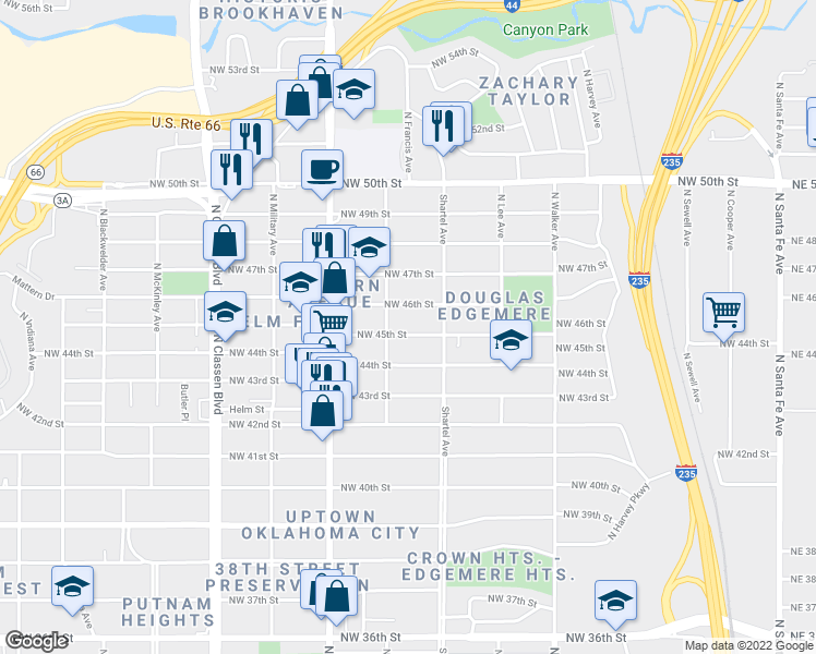 map of restaurants, bars, coffee shops, grocery stores, and more near 832 Northwest 45th Street in Oklahoma City