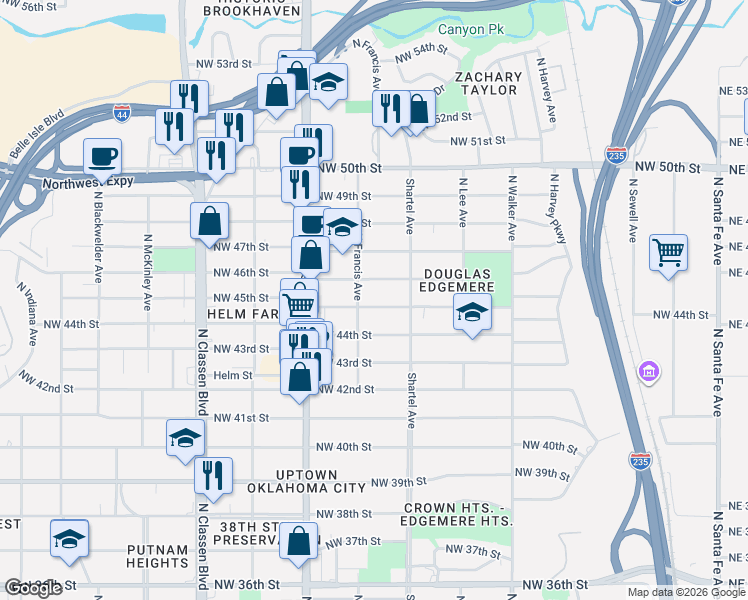 map of restaurants, bars, coffee shops, grocery stores, and more near 832 Northwest 45th Street in Oklahoma City