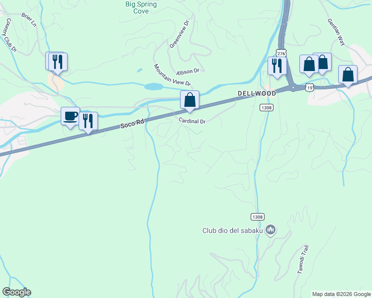 map of restaurants, bars, coffee shops, grocery stores, and more near 121 Gypsy Road in Maggie Valley