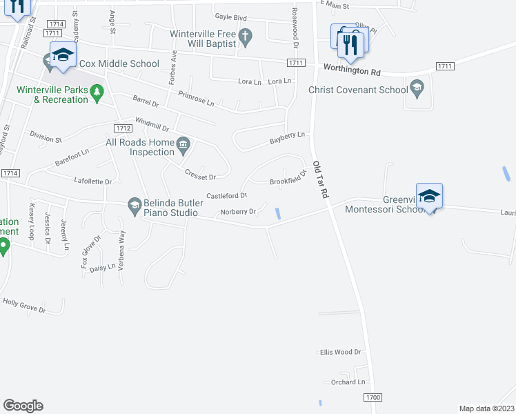 map of restaurants, bars, coffee shops, grocery stores, and more near 689 Brookfield Drive in Winterville
