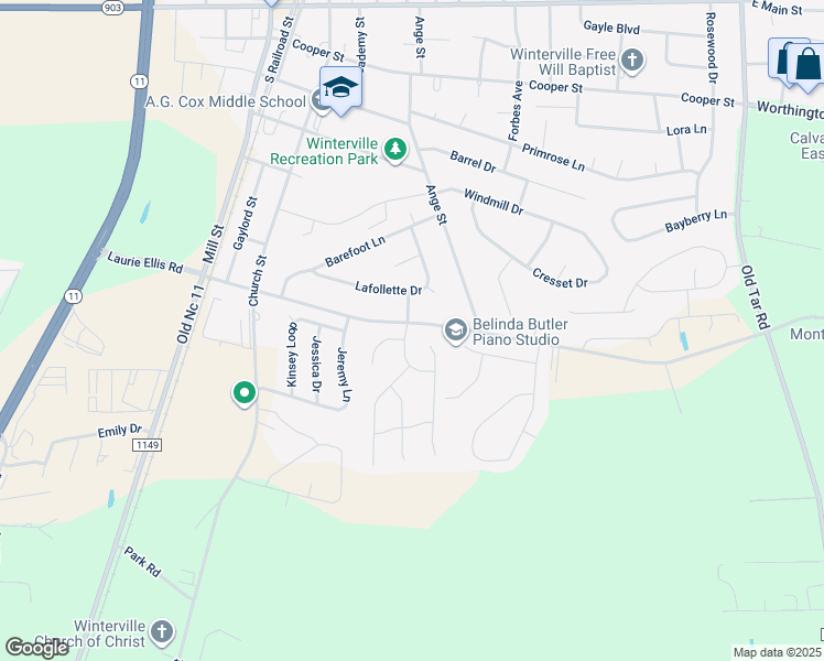 map of restaurants, bars, coffee shops, grocery stores, and more near 2811 Laurie Meadows Way in Winterville