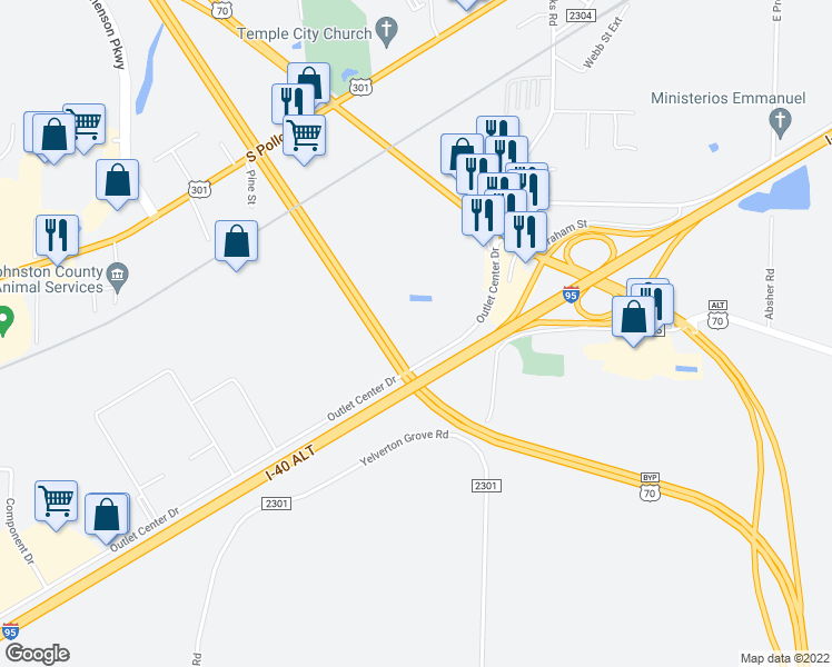 map of restaurants, bars, coffee shops, grocery stores, and more near 1671 Outlet Center Drive in Selma