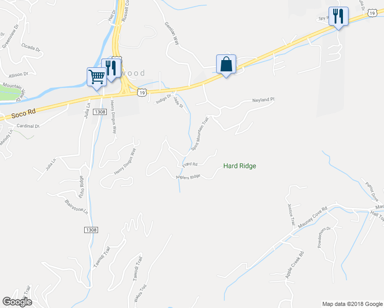 map of restaurants, bars, coffee shops, grocery stores, and more near 453 Spirit Mountain Trail in Waynesville