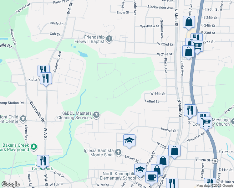 map of restaurants, bars, coffee shops, grocery stores, and more near 1420 Gary Street in Kannapolis