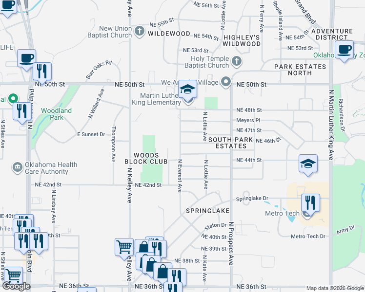 map of restaurants, bars, coffee shops, grocery stores, and more near 1206 Northeast 46th Street in Oklahoma City