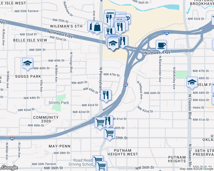 map of restaurants, bars, coffee shops, grocery stores, and more near 2029 Northwest 46th Street in Oklahoma City