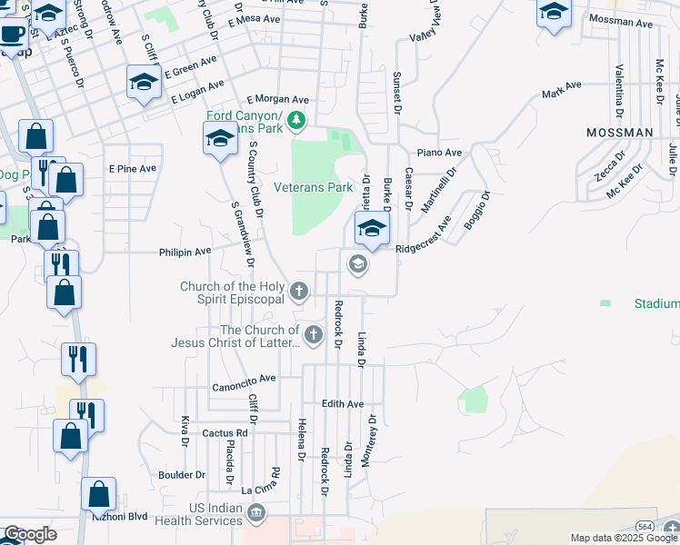 map of restaurants, bars, coffee shops, grocery stores, and more near 1305 Redrock Drive in Gallup