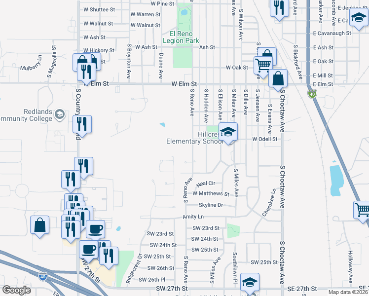 map of restaurants, bars, coffee shops, grocery stores, and more near 1308 South Reno Avenue in El Reno