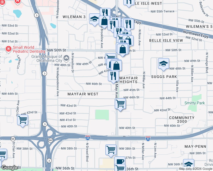 map of restaurants, bars, coffee shops, grocery stores, and more near 2930 Nimitz Boulevard in Oklahoma City