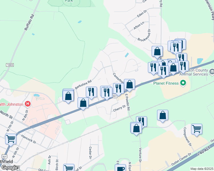 map of restaurants, bars, coffee shops, grocery stores, and more near 33 South Sussex Drive in Smithfield