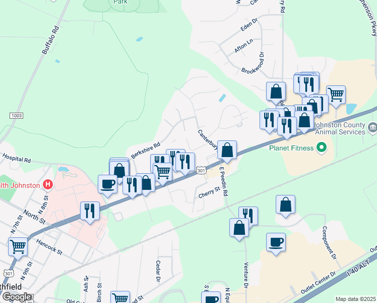 map of restaurants, bars, coffee shops, grocery stores, and more near 33 South Sussex Drive in Smithfield