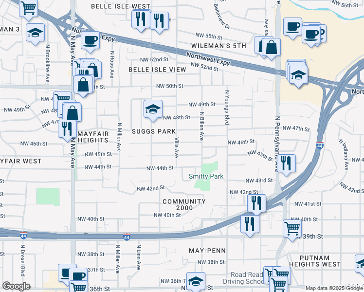 map of restaurants, bars, coffee shops, grocery stores, and more near 2429 Northwest 46th Street in Oklahoma City