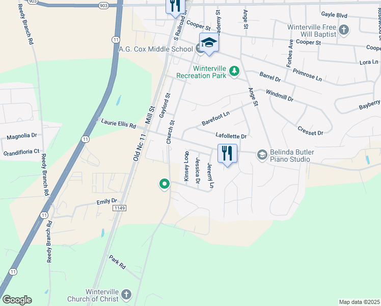map of restaurants, bars, coffee shops, grocery stores, and more near 2932 Kinsey Loop in Winterville