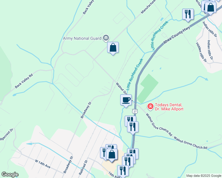 map of restaurants, bars, coffee shops, grocery stores, and more near 349 Broadway Street in Dayton