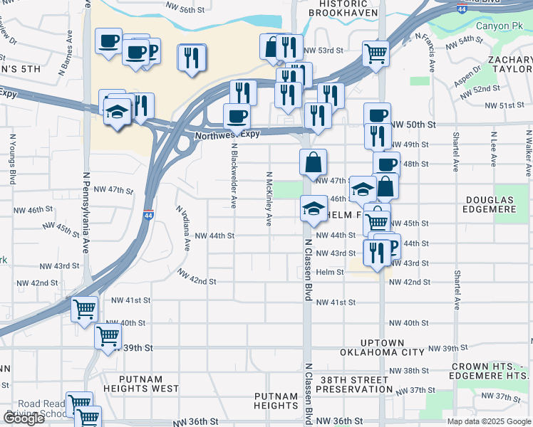 map of restaurants, bars, coffee shops, grocery stores, and more near 1501 Northwest 45th Street in Oklahoma City