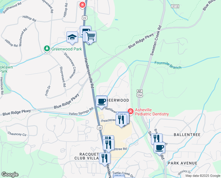 map of restaurants, bars, coffee shops, grocery stores, and more near 24 Tiverton Lane in Asheville