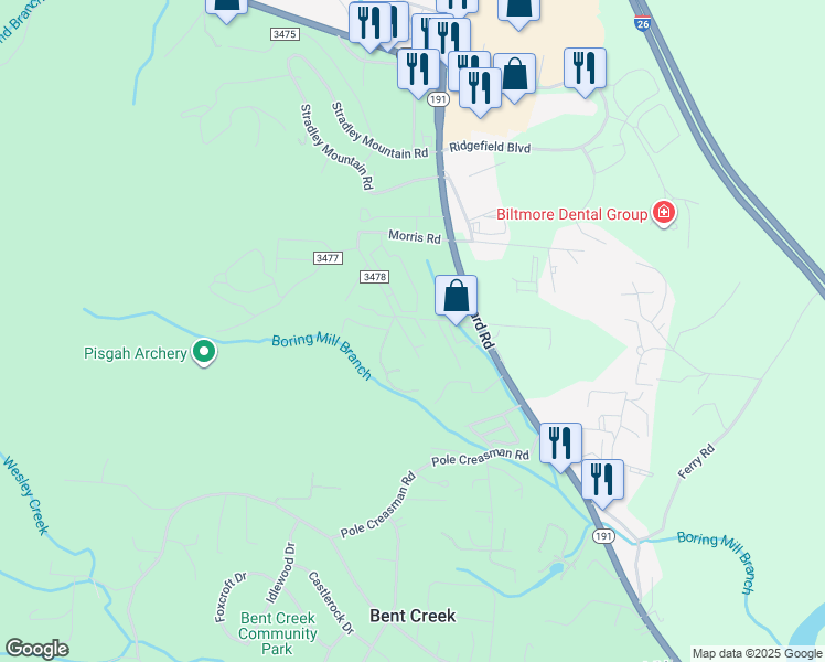 map of restaurants, bars, coffee shops, grocery stores, and more near 10 Albany Grey Drive in Asheville