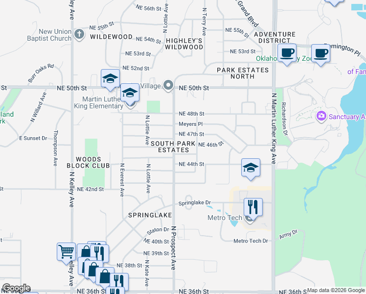 map of restaurants, bars, coffee shops, grocery stores, and more near 1505 Northeast 46th Street in Oklahoma City