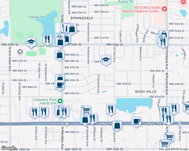 map of restaurants, bars, coffee shops, grocery stores, and more near 4209 Northwest 45th Street in Oklahoma City